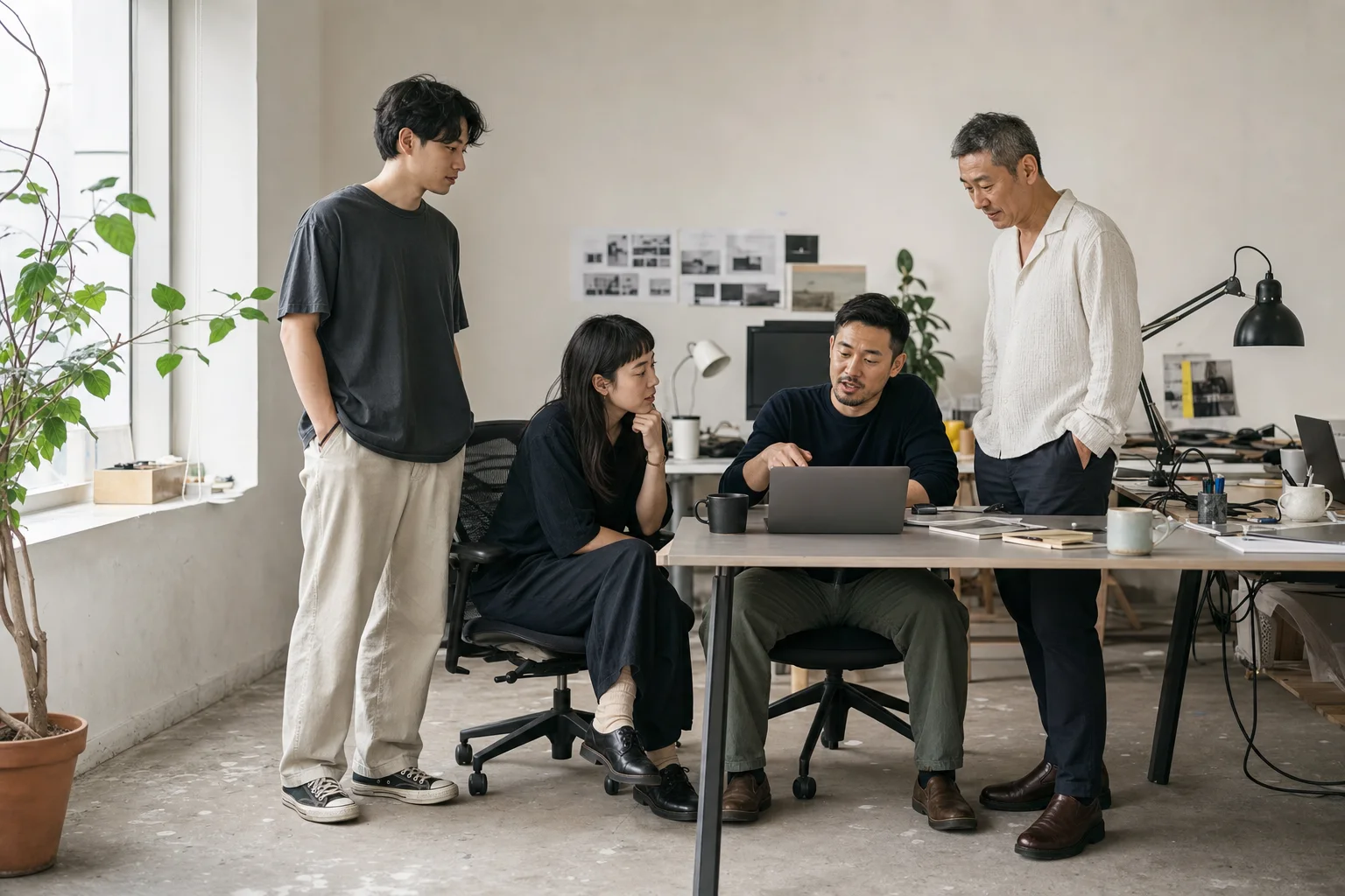 Four colleagues working together in a relaxed Hong Kong digital studio